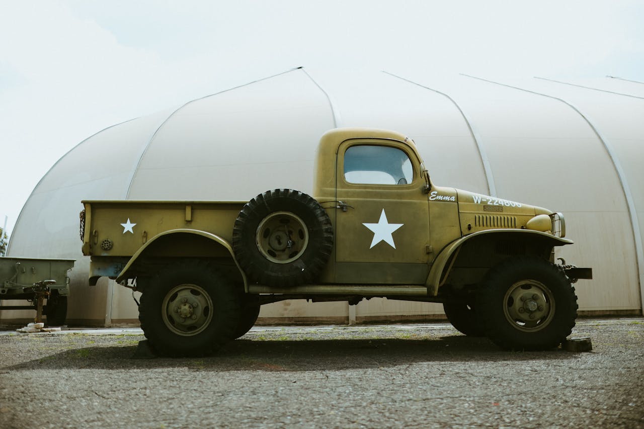 A vintage military truck displayed outdoors in Hawaiian Beaches, Hawaii, USA.